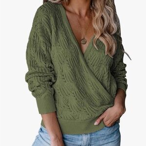 Merokeety XXL Olive Green Women's deep v-neck Sweater